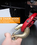 Tough As Nails Three Eighths Inch Chain Hooks Set With Safety Latch Forged G70 Clevis Slip Hooks in use on a trailer hitch.