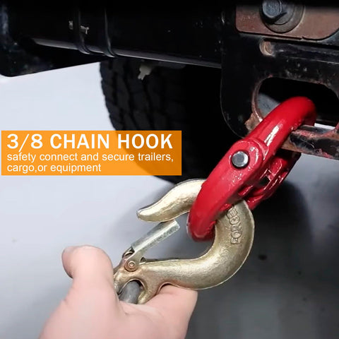 Tough As Nails Three Eighths Inch Chain Hooks Set With Safety Latch Forged G70 Clevis Slip Hooks in use on a trailer hitch.