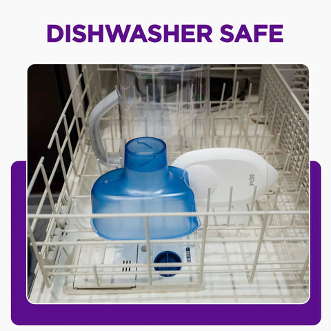 Image of 7-Cup Water Filter Pitcher With Faster Filtration, LockFit Cap, NSF Certified in dishwasher, showcasing dishwasher-safe feature.