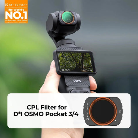 Person holding DJI Osmo Pocket 4/3 with attached Osmo Pocket 4x3 Magnetic CPL Filter, displaying clear sky reflection.