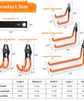 Size guide showing Heavy Duty Steel Garage Hooks 30 Pack With Anti Slip Coating For Bikes Ladders Garden Tools and more.