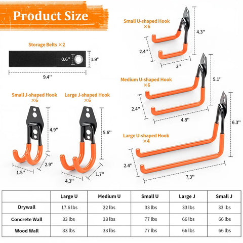 Size guide showing Heavy Duty Steel Garage Hooks 30 Pack With Anti Slip Coating For Bikes Ladders Garden Tools and more.