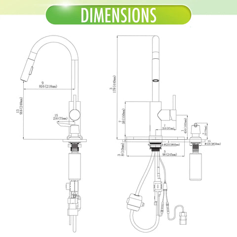 Diagram of Touchless Kitchen Faucet With Pull Down Sprayer Motion Sensor High Arc Spout Switchable Stream dimensions
