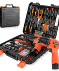 Slick Heavy Duty 152 Piece Tool Set With 12V Cordless Drill And Portable Carry Case. Compact tools organized in a sturdy case.