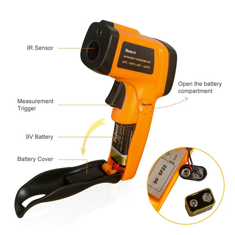 Non Contact Infrared Thermometer For Home Cooks And Shop Floor Pros With LCD Display Switchable Celsius Fahrenheit Temperature Range From Minus 58 Fahrenheit To 1022 Fahrenheit Backlit Screen Data Hold Low Battery Indicator Auto Off, orange and black, 9V battery