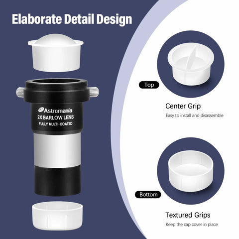 Universal 1.25 Inch Telescope Dust Cap And Plug Kit For Eyepieces Barlow Lenses T Adapters Focuser Diagonal And Other 1.25 Inch Accessories Includes Five Dust Caps And Five Dust Plugs For Dual Layer Dust Protection, showcasing design details with center grip and textured grips.