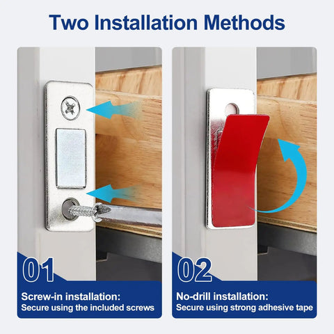 Ultra Thin Stainless Steel Cabinet Magnetic Catch Set Of 6 With Adhesive Drawer Latch Closures showing screw and adhesive install methods.