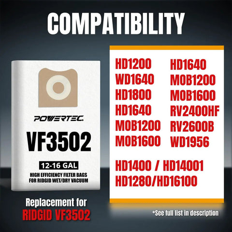 Compatibility chart for Powertec VF3502 vacuum bags with Ridgid models, featuring package of filters for 12-16 gallon vacuums.