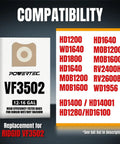 Compatibility list for Shop Vac Bags 12 To 16 Gallon Replacement Kit VF3502 Size A, showing vacuum model numbers.