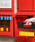 Heavy Duty Wall Mount Group Lock Box Keeping Job Site Gear Safe With Tough As Nails Steel Design Ensures Your Keys And Padlocks Stay Put Through Any Workday, featuring red steel cabinet with blue and yellow locks.