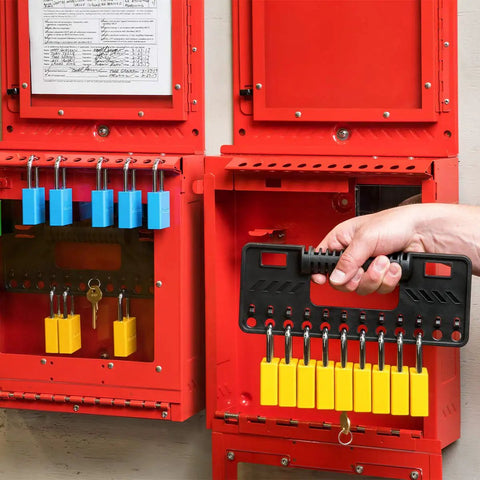 Heavy Duty Wall Mount Group Lock Box Keeping Job Site Gear Safe With Tough As Nails Steel Design Ensures Your Keys And Padlocks Stay Put Through Any Workday, featuring red steel cabinet with blue and yellow locks.