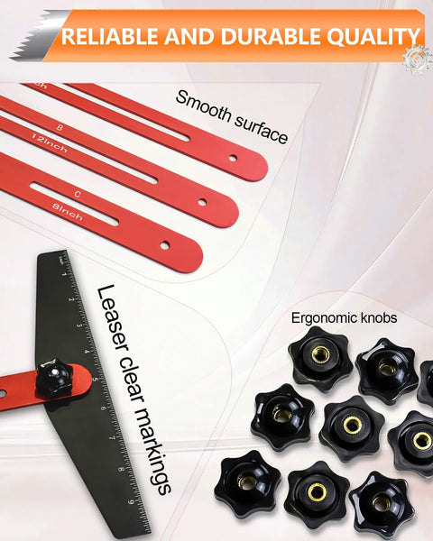 Adjustable Stair Tread Template Tool And Woodworking Stair Gauge Jig, red measuring tools with clear markings and ergonomic knobs.