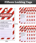 Lockout Tagout Kit For Electrical Safety with 15 LOTO tags shown, red and white danger tags, measuring 5.7in by 2.9in