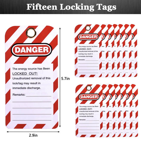 Lockout Tagout Kit For Electrical Safety with 15 LOTO tags shown, red and white danger tags, measuring 5.7in by 2.9in