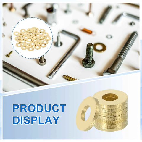 Brass Flat Washers Set, 70 Pack M5 Brass Washers 5mm ID X 10mm OD displayed with assorted hardware tools