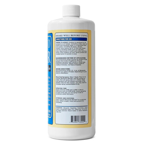 Back label of Liquid Garlic Mosquito Repellent Concentrate For Yards And Lawns, Easy Water Mix, instructions visible on bottle.