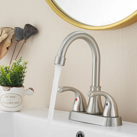 Lead Free Brushed Nickel 4 Inch Two Handle Bathroom Sink Faucet With Pop Up Drain And Flexible Supply Lines Built To Last Durable Stainless Steel ADA Compliant Easy Install Perfect For Any Vanity, spout view with water flow