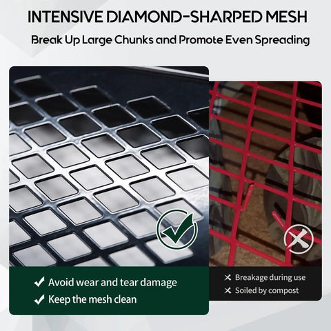 Intensive diamond-shaped mesh of Beast Compost And Peat Moss Spreader For Lawns And Gardens With 2 In 1 ATV And T Shaped Handle