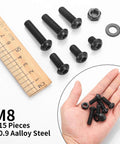 115 Piece M8 Screws And Nuts Assortment Kit with hex socket button head cap screws, carbon steel, shown with ruler and hand.