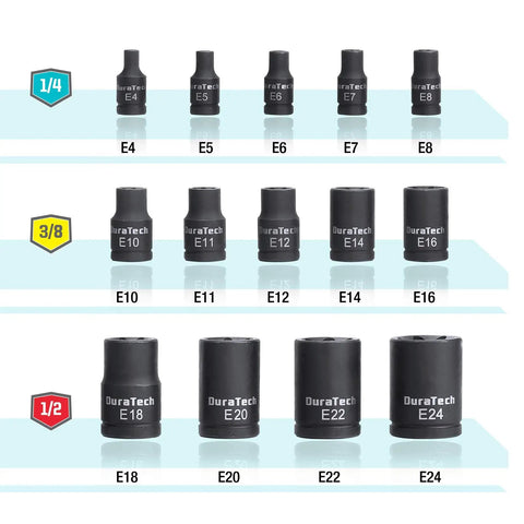 Fourteen Piece External Star Impact Socket Set With Storage Case for E4 Through E24 Sockets in One Quarter Inch, Three Eighths Inch, and One Half Inch Drives With ETorx, Chrome Vanadium Steel, Pro Grade Heavy Duty For Impact Wrench shown in detailed view highlighting sizes and compatibility.