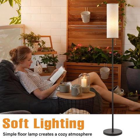 Cozy living room with 64 Inch Floor Lamp With LED Bulb, 3 Color Temperature 3000K 4000K 5000K, Beige Lampshade, Pull Chain
