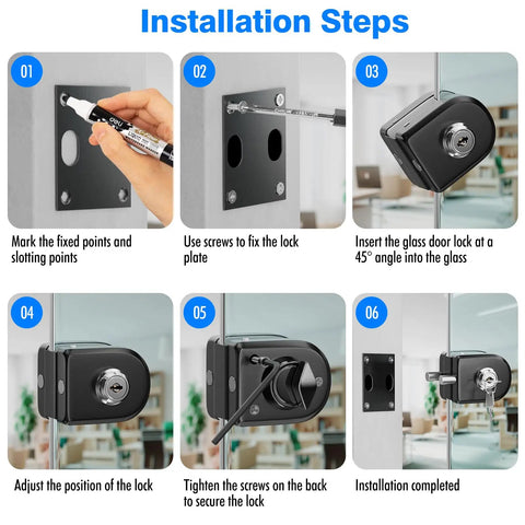 Frameless Glass Door Lock With Grip Tight Clamp Design, Zero Drill Install Required, installation steps with tools and lock.