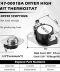 Dryer Heating Element Kit 5 Piece Replacement 5300W 240V For DV40J3000EW A2 DV45H7000EW A2 DV210AEW XAA DC47-00019A AP4201899 Insulated Coiled Element With High Temp Thermal Fuse, showing thermostat dimensions and specs