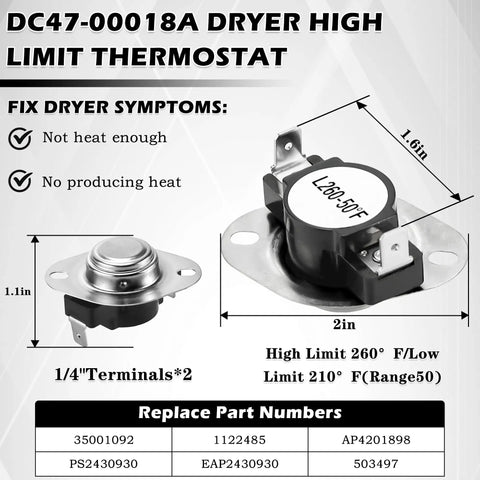 Dryer Heating Element Kit 5 Piece Replacement 5300W 240V For DV40J3000EW A2 DV45H7000EW A2 DV210AEW XAA DC47-00019A AP4201899 Insulated Coiled Element With High Temp Thermal Fuse, showing thermostat dimensions and specs