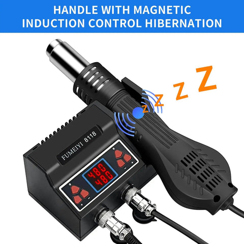 Soldering Station Kit With 8118 Hot Air Gun showing digital display and handle with magnetic induction control feature.
