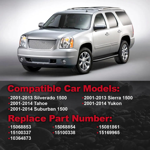 AC Compressor With Clutch Kit For Chevy Silverado Tahoe Suburban Sierra Yukon 1500 Trucks shown on a silver SUV exterior.