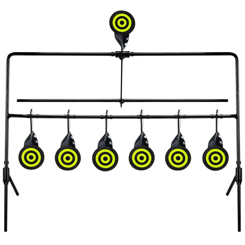 Six Target Air Gun Resetting Target for 22 and 177 Caliber Pellets and BBs, tough steel, compact weather ready set, front view.