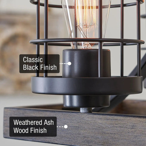 Close-up of Farmhouse Dope 6 Light Kitchen Island Light With Cage Style Shades Weathered Ash Wood Finish And Bold Black Accents