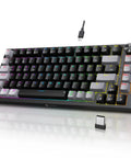 Slick Tri Mode Mechanical Keyboard With Snappy Blue Switches, Wireless Bluetooth And Fast Wired Connection, Clean 82 Key Profile, Hype Rgb Lighting, Beast Mode Battery Power For Serious Typing And Gaming, angled view with RGB lighting and USB cable