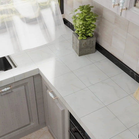 Off White Marble Peel And Stick Vinyl Floor Tiles 12x12 Waterproof Self Adhesive 24 Pack on kitchen countertop