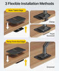 Rock Solid Adjustable Steel Monitor Mount Reinforcement Plate And Desk Stabilizer With Extra Wide Eva Base installation methods shown on desk.