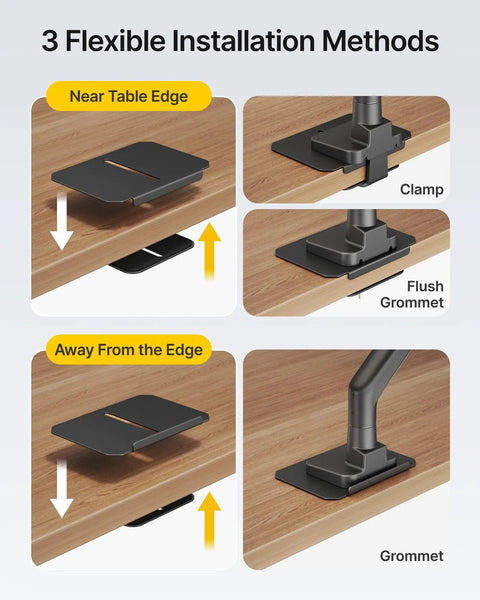 Rock Solid Adjustable Steel Monitor Mount Reinforcement Plate And Desk Stabilizer With Extra Wide Eva Base installation methods shown on desk.