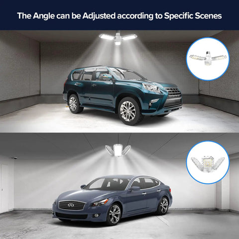 Three-Panel Deformable LED Garage Light With 3300 Lumens Of 5000K Daylight, 30W Power, illuminating cars in garage setting