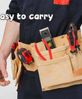 Person wearing tool belt with hand tools, including a Two Pack Sheet Metal Hand Seamer With Anti Slip Handle.