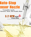 Auto-Stop Sensor Nozzle gas pump, white plastic, 51-inch hose, 4 adapters for gasoline and diesel.
