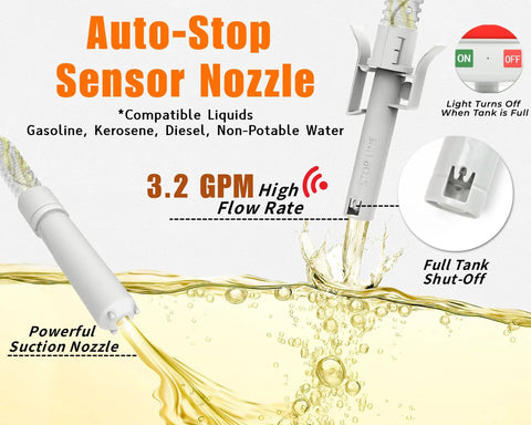 Auto-Stop Sensor Nozzle gas pump, white plastic, 51-inch hose, 4 adapters for gasoline and diesel.