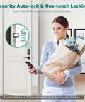 Keyless Entry Door Lock With Fingerprint And Password, Auto Lock, Oil Rubbed Bronze Smart Front Door Lock installed on white door