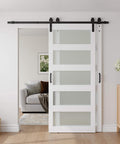 Double Bypass Barn Door With Frosted Glass And White Waterproof PVC Finish Includes Six Point Six Feet Track Hardware Kit Premium MDF Panels For Space Saving And Easy Assembly Fits Thirty Six By Eighty Four Inch Openings installed in living room
