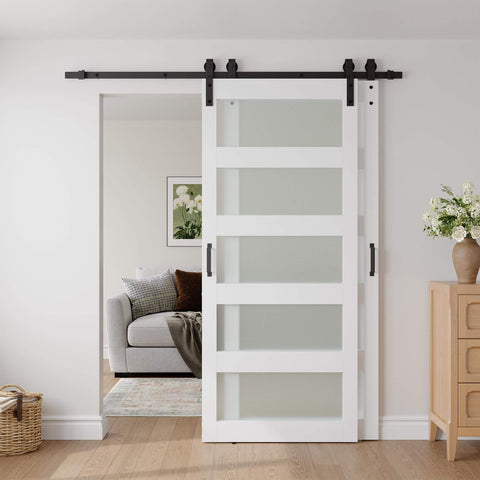 Double Bypass Barn Door With Frosted Glass And White Waterproof PVC Finish Includes Six Point Six Feet Track Hardware Kit Premium MDF Panels For Space Saving And Easy Assembly Fits Thirty Six By Eighty Four Inch Openings installed in living room