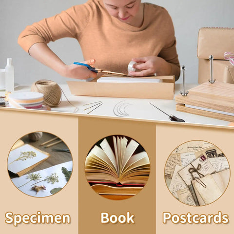 Person using All In One Book Binding Kit With Press And Wooden Binding Press Includes Book Cloth Book Cover Boards Bone Folders Awl Wax Thread Bind Straps And Ribbons For DIY Journal And Album Making Great For Beginners And Crafters at table.