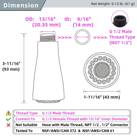 Kitchen Faucet Head Replacement With G 1/2 Inch Male Thread Connector And 13/16 Inch Outer Diameter Sprayer Attachment diagram