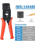 Weather Pack And Metri Pack Crimp Tool For AWG 24 14 Terminals with orange handles, removal extraction tool, and specifications chart.