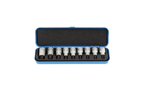 Heavy-Duty Half Inch Drive Screwdriver Bit Socket Set, 9-Piece With Torx T20 Through T60, in a blue case, ITX19PM Style