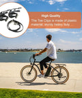 Cyclist using Toe Clip Pedal Cage System for indoor and outdoor bikes on a beach path, plastic bike pedals inset detail.