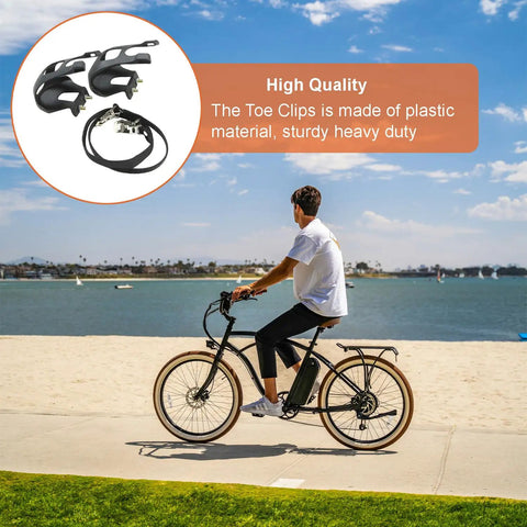 Cyclist using Toe Clip Pedal Cage System for indoor and outdoor bikes on a beach path, plastic bike pedals inset detail.