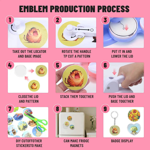 Image showing steps to use Two Size Button Maker Kit For DIY Badges And Pins 55mm And 35mm With 80 Pcs Supplies in blue.